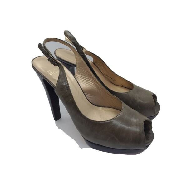 Sturart Weitzman Leather Heels Womens Sz 8.5 Peep Top Platform Slingback Green - Picture 2 of 10